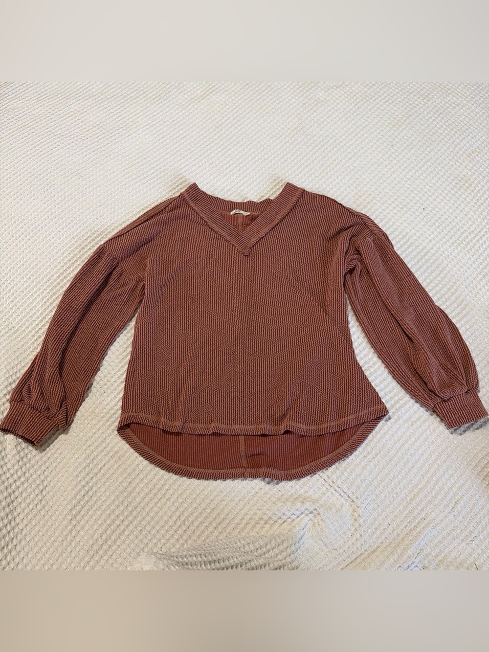 Women's V-Neck Long Sleeve Waffle Knit Top